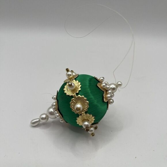 Vintage Handmade Jeweled Beaded Push Pin Green/Gold Pearl Christmas Ornament 3” - Picture 4 of 8